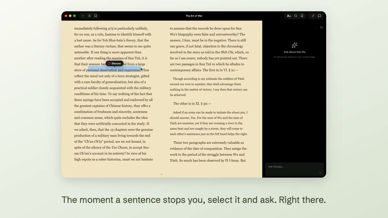 Resage on a Mac: a book open on the left, an AI conversation about the current page on the right