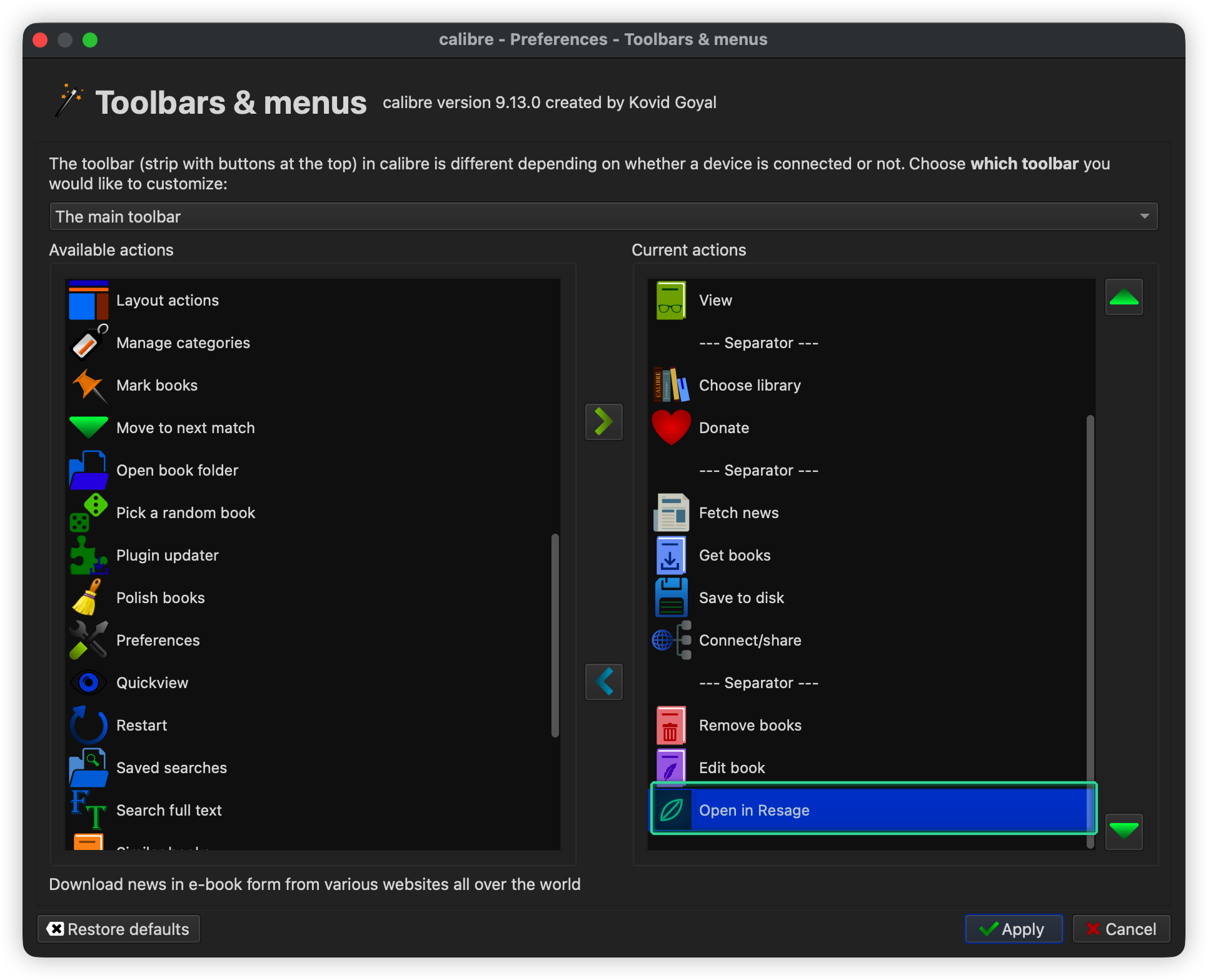 Configuring Toolbars & menus in Calibre Preferences