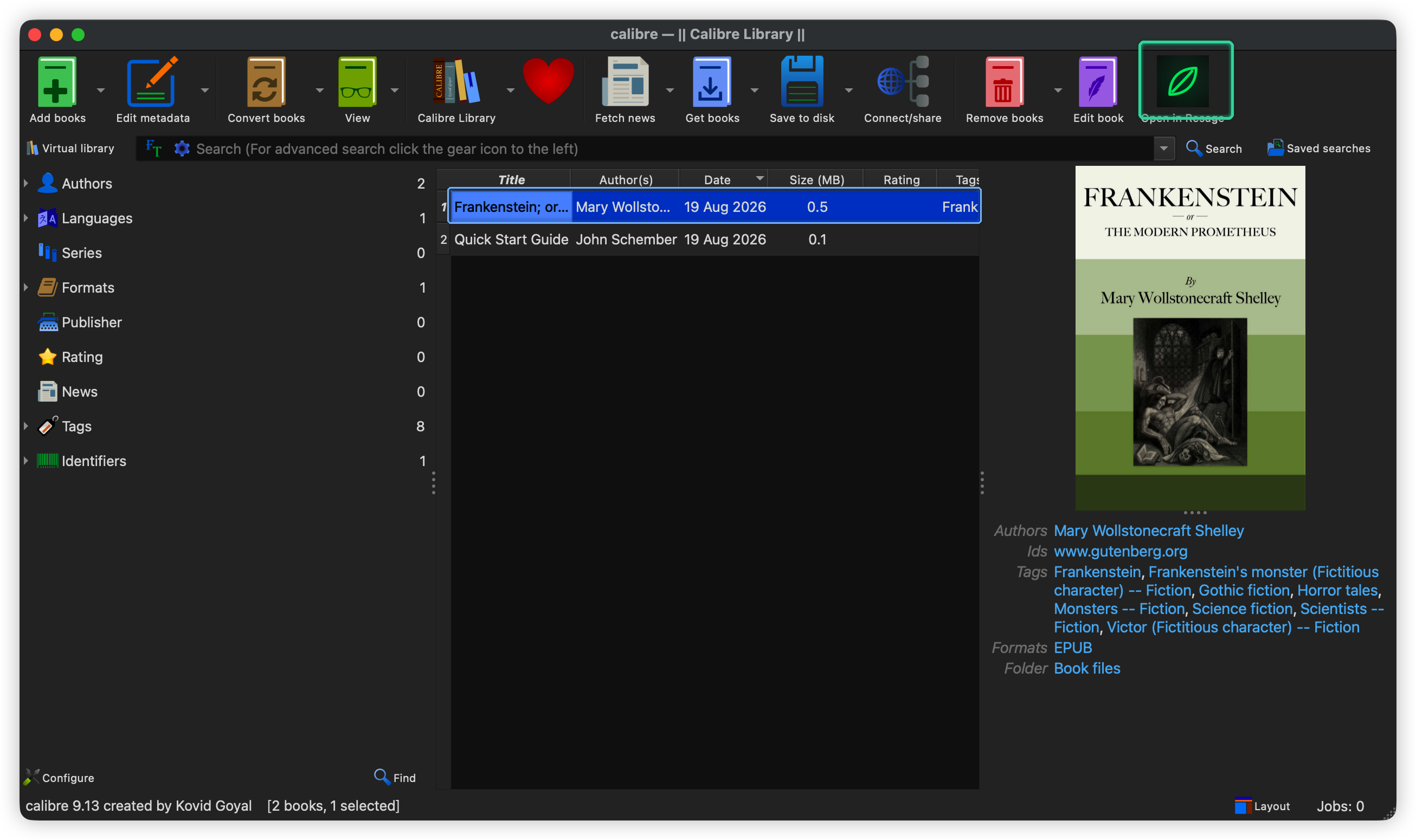 The Open in Resage button on the Calibre toolbar