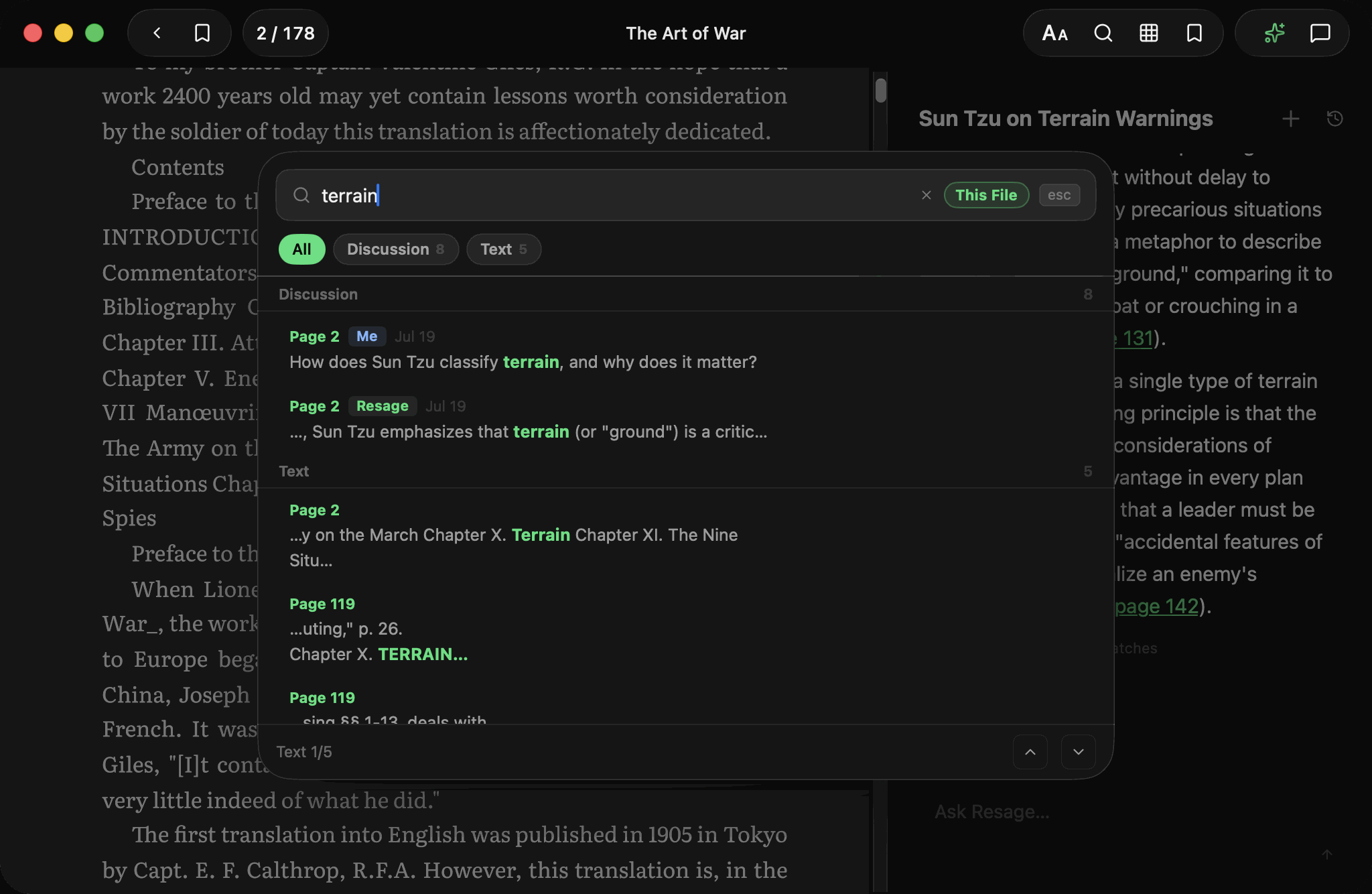 The unified search panel showing matches in both discussions and the text of the file
