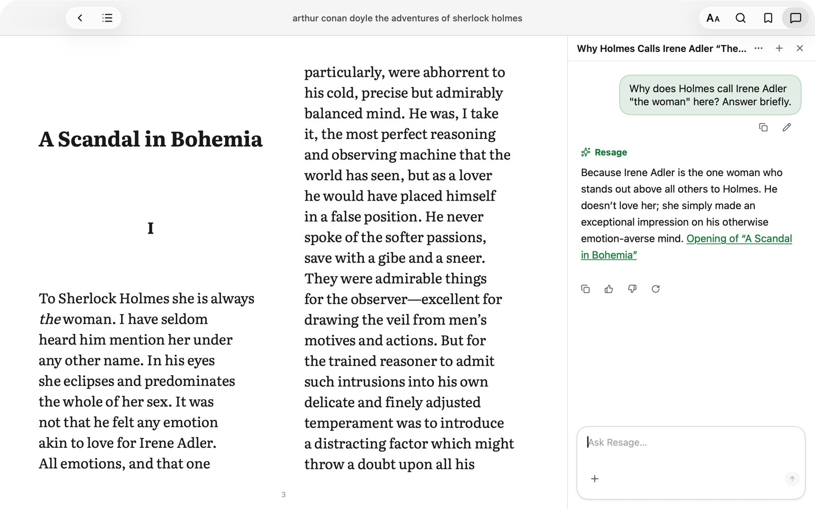A question about The Adventures of Sherlock Holmes, answered beside the page with a link back to the passage