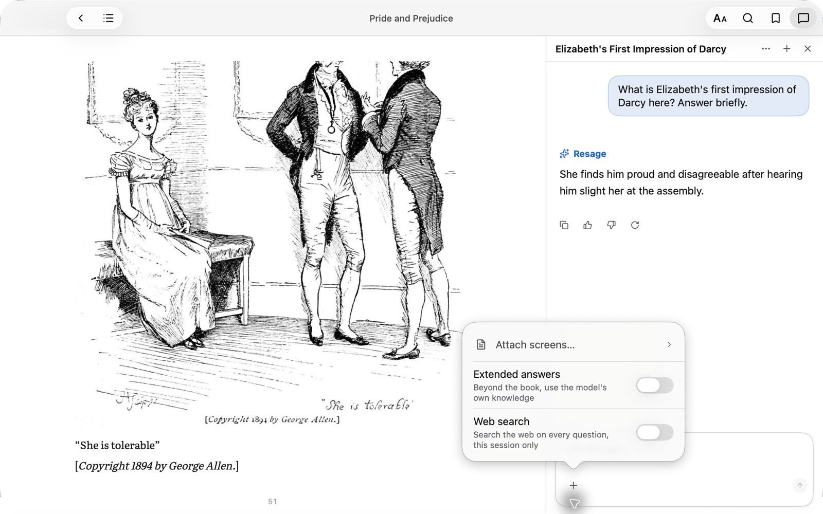 The new + menu in the question box: attach pages, Extended answers and Web search