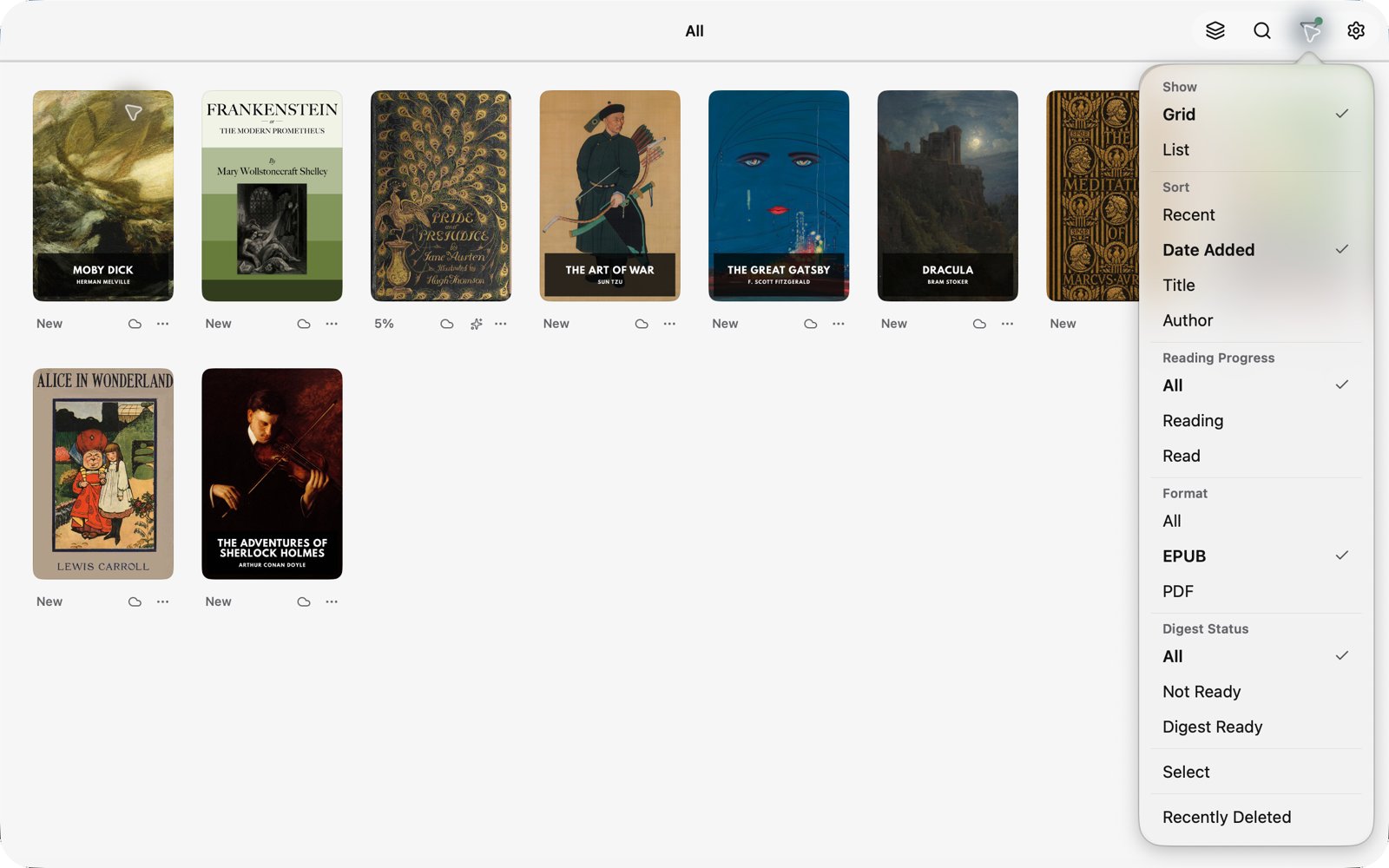 The library filter menu, with the new Reading Progress filter
