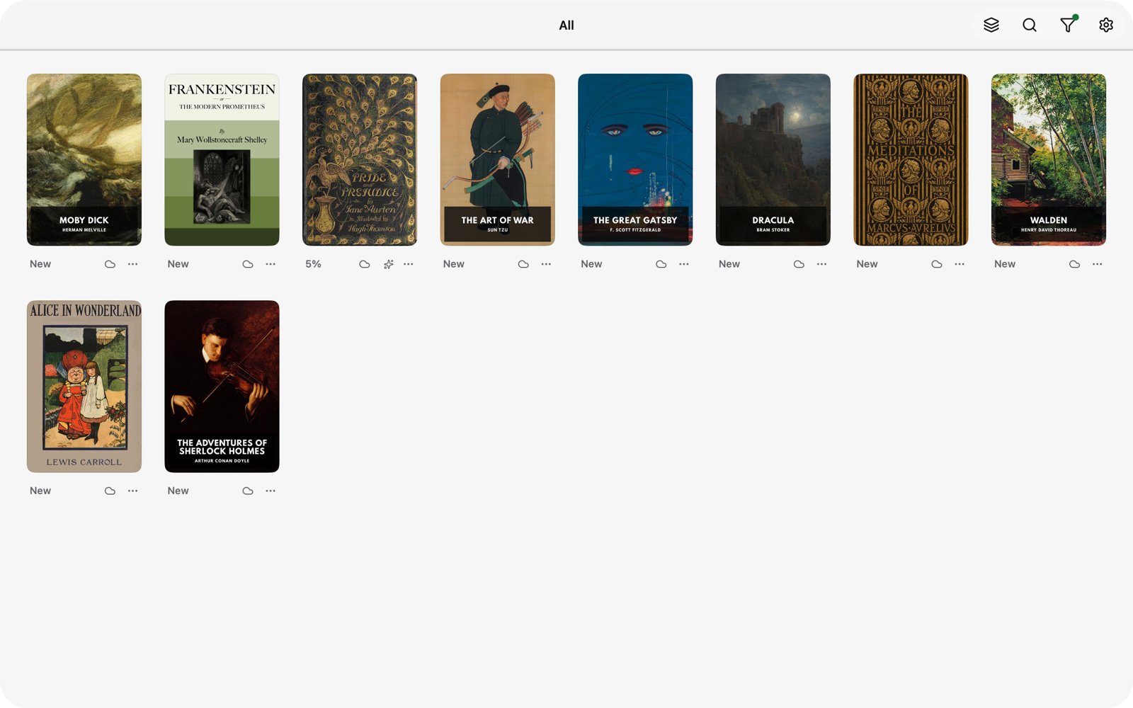 The redesigned Resage library on Mac, with cloud and reading status under each book
