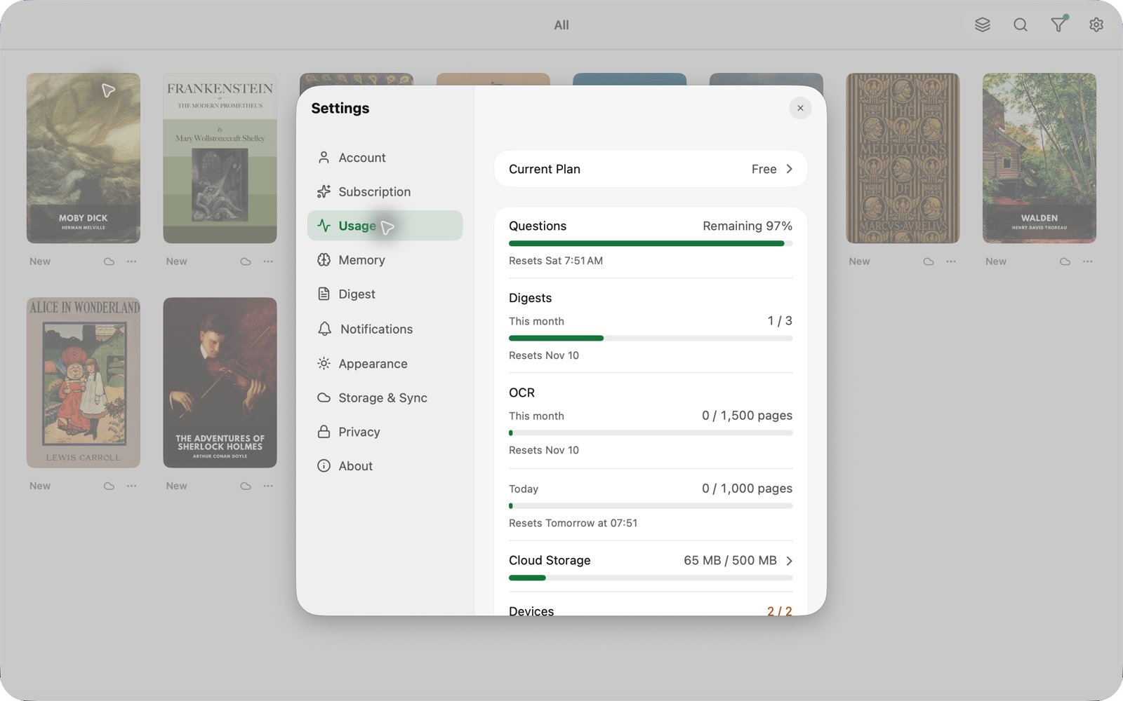 The new Usage page in Settings, showing questions, cloud reading, text recognition and storage